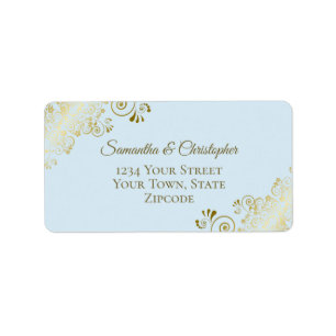 Gold Lace on Powder Blue Elegant Wedding Address L Label
