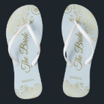 Gold Lace on Powder Blue The Bride Elegant Wedding Jandals<br><div class="desc">Dance the night away with these beautiful wedding flip flops. Designed for the bride, they feature a simple yet elegant design with gold coloured script lettering on a light powder blue background and fancy golden lace curls and swirls. Beautiful way to stay fancy and appropriate while giving your feet a...</div>