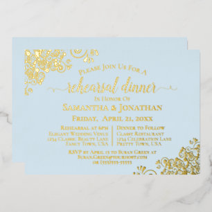 Gold Lace on Powder Blue Wedding Rehearsal Dinner