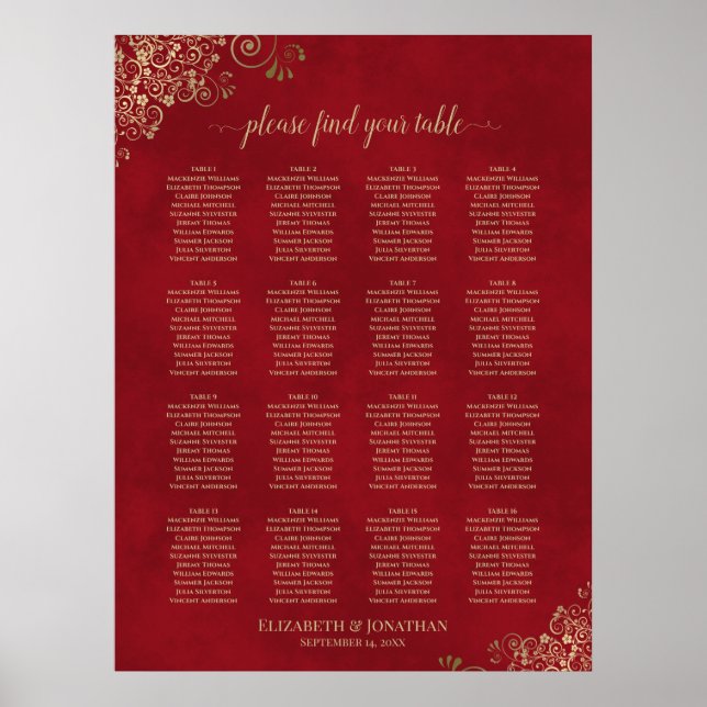 Gold Lace on Red 16 Table Wedding Seating Chart (Front)