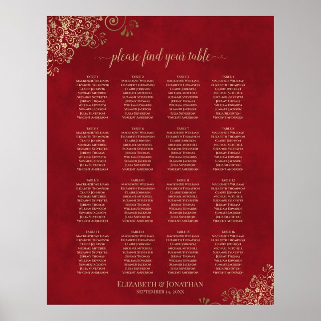 Gold Lace on Red 16 Table Wedding Seating Chart (Front)