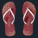Gold Lace on Red Elegant Maid of Honour Wedding Jandals<br><div class="desc">These beautiful wedding flip flops are a great way to thank and recognise your Maid of Honour while saving her feet at the same time. Features an elegant design with golden lace frills on a crimson red background and fancy gold coloured script lettering. The test reads Maid of Honour with...</div>