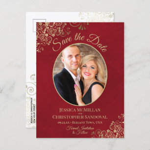 Gold Lace on Red Wedding Save the Date Oval Photo Announcement Postcard