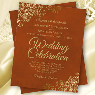 Gold Lace on Rust Orange Budget Wedding Invitation