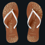 Gold Lace on Rust Orange Maid of Honour Wedding Jandals<br><div class="desc">These beautiful wedding flip flops are a great way to thank and recognise your Maid of Honour while saving her feet at the same time. Features an elegant design with golden lace frills on a rust orange or burnt umber coloured background and fancy gold coloured script lettering. The test reads...</div>