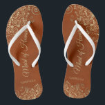 Gold Lace on Rust Orange Maid of Honour Wedding Jandals<br><div class="desc">These beautiful wedding flip flops are a great way to thank and recognise your Maid of Honour while saving her feet at the same time. Features an elegant design with golden lace frills on a rust orange or burnt umber coloured background and fancy gold coloured script lettering. The test reads...</div>