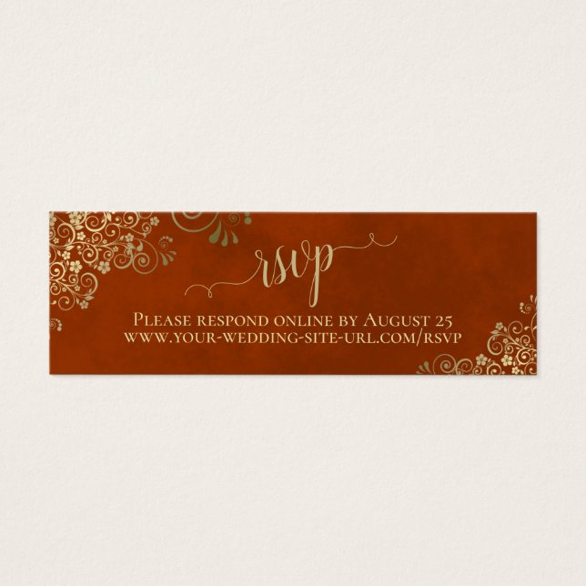 Gold Lace on Rust Orange Wedding RSVP Online Card (Front)