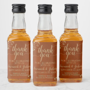 Gold Lace on Rust Orange Wedding Thank You Mini Liquor Bottle Label