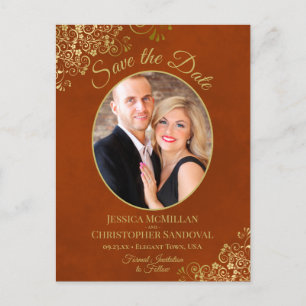 Gold Lace on Rust Wedding Save the Date Oval Photo Announcement Postcard
