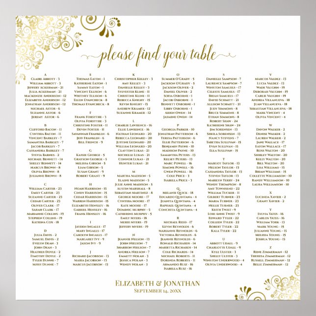 Gold Lace on White Alphabetical Seating Chart (Front)