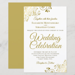 Gold Lace on White BUDGET Wedding Invitation Large