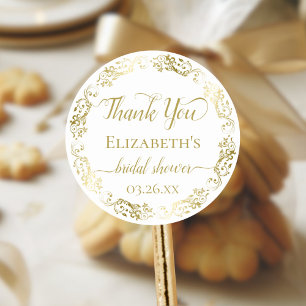 Gold Lace on White Elegant Bridal Shower Thank You Classic Round Sticker