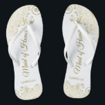 Gold Lace on White Elegant Maid of Honour Wedding Jandals<br><div class="desc">These beautiful wedding flip flops are a great way to thank and recognise your Maid of Honour while saving her feet at the same time. Features an elegant design with golden lace frills on a white background and fancy gold coloured script lettering. The test reads Maid of Honour with her...</div>