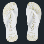 Gold Lace on White Elegant Maid of Honour Wedding Jandals<br><div class="desc">These beautiful wedding flip flops are a great way to thank and recognise your Maid of Honour while saving her feet at the same time. Features an elegant design with golden lace frills on a white background and fancy gold coloured script lettering. The test reads Maid of Honour with her...</div>