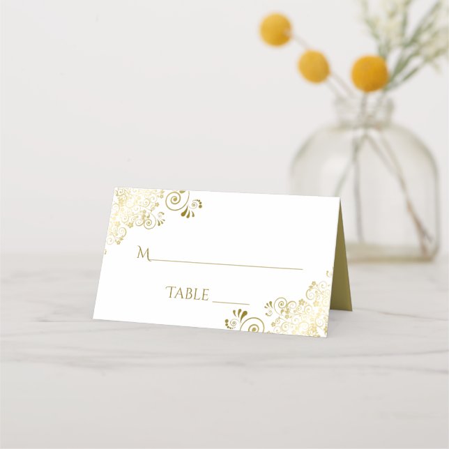 Gold Lace on White Elegant Wedding Write-In Place  Place Card (Front)