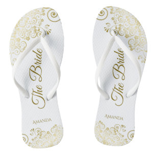 Gold Lace on White The Bride Elegant Wedding Jandals