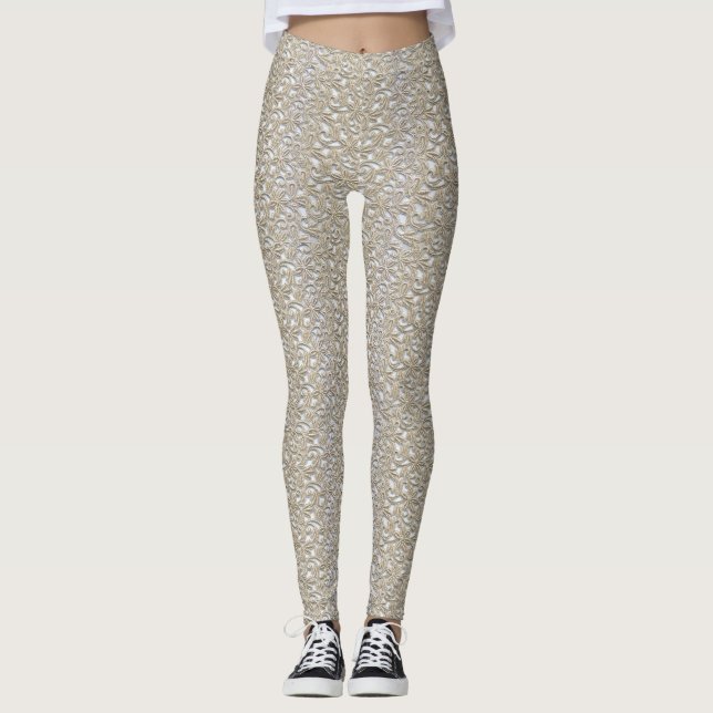 Gold Lace Pattern Yoga Gym Exercise Leggings Pants (Front)