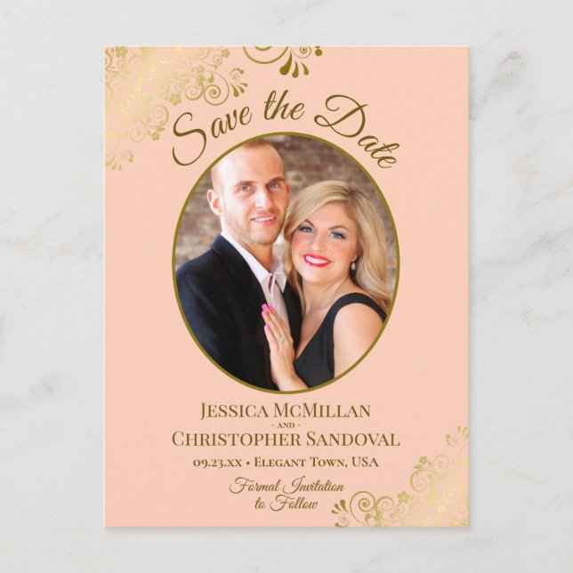 Gold Lace & Peach Wedding Save the Date Oval Photo Announcement Postcard (Front)