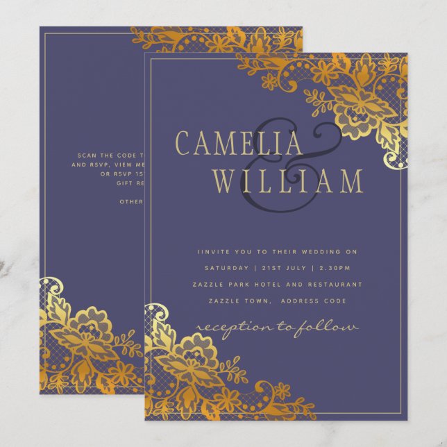 Gold Lace Purple Wedding Invitations Budget (Front/Back)