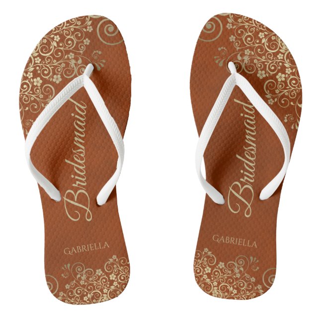 Gold Lace & Rust Orange Elegant Bridesmaid Wedding Jandals (Footbed)