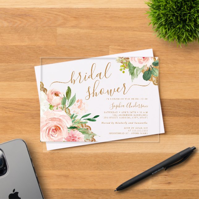 Gold Lace Script Blush Floral Bridal Shower Acrylic Invitations (Insitu (Invitation Card))