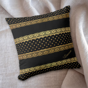 Gold Lace Stripe Polkadot Black Cushion