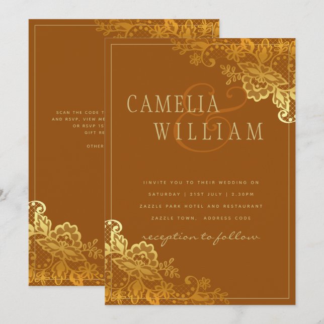 Gold Lace Terracotta Wedding Invitations Budget (Front/Back)