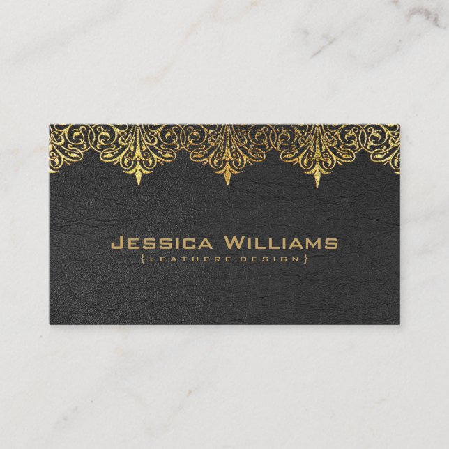 Gold Lace Vintage Black Leather Business Card (Front)