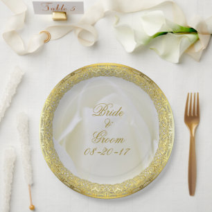 Gold Lace White Abstract Rose Wedding Paper Plate