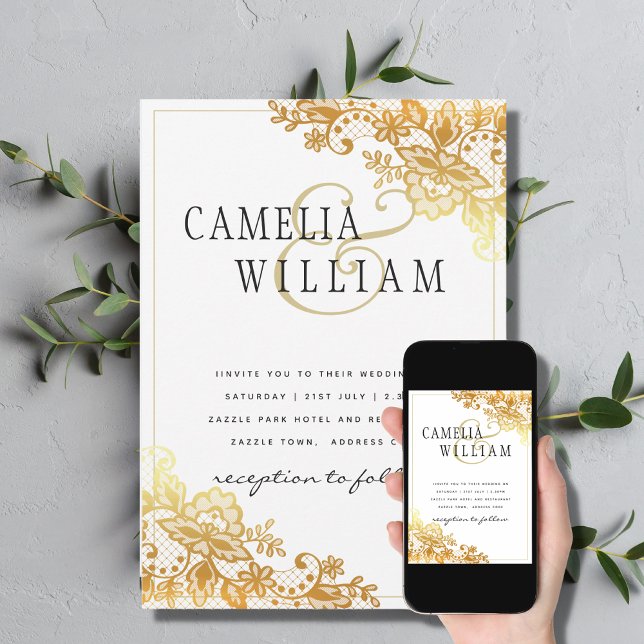 Gold Lace White Wedding Invitation Classic Elegant (Creator Uploaded)