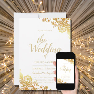 Gold Lace White Wedding Invitation Elegant Classic