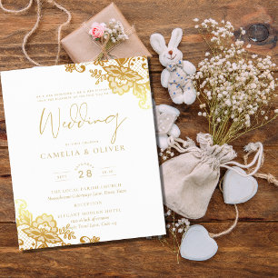 Gold Lace White Wedding Invitation Elegant Classic