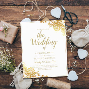 Gold Lace White Wedding Invitation Elegant Classic