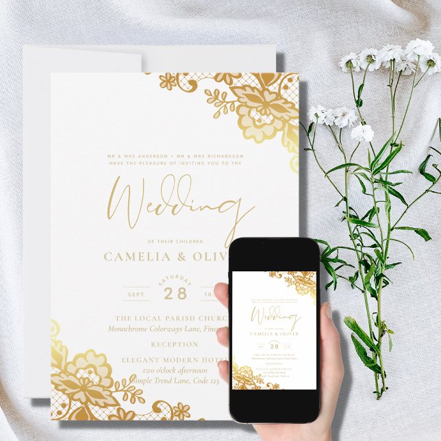 Gold Lace White Wedding Invitation Elegant Classic (Creator Uploaded)