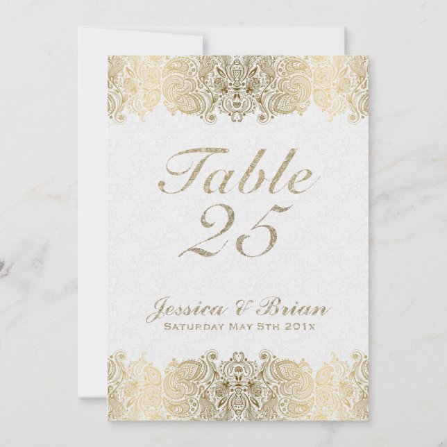 Gold Lace & White Wedding Table Number (Back)