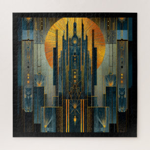 Gold Laced Midnight Art Deco Skyscraper Jigsaw Puzzle