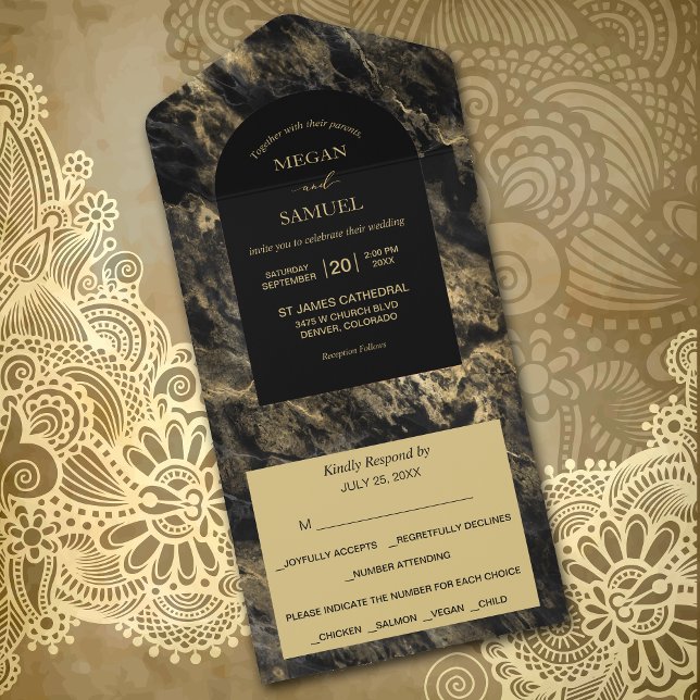 Gold Laced Smoky Black Marble Photo Wedding All In One Invitation (Creator Uploaded)