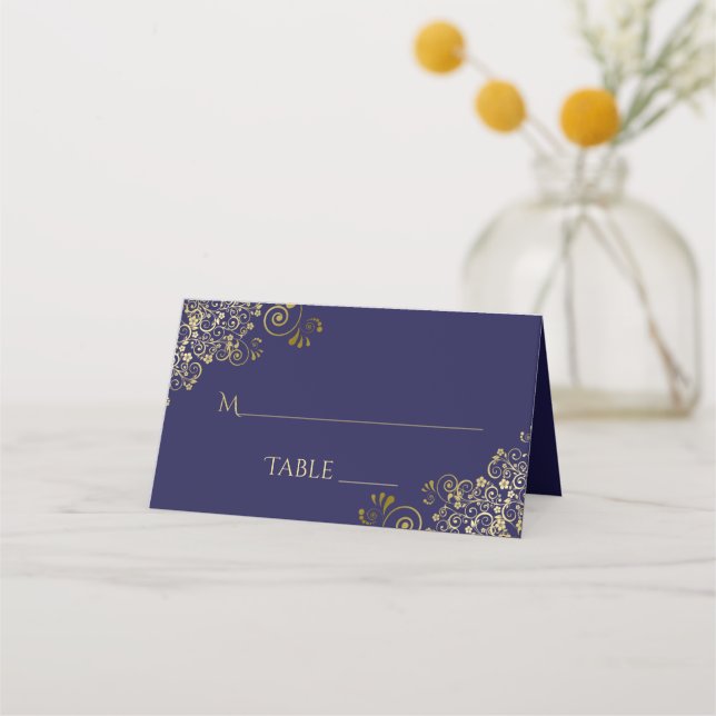 Gold Lacy Filigree on Navy Blue Wedding Write-In Place Card (Back)