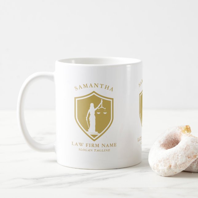 Gold Lady Justice Logo Custom text Coffee Mug (With Donut)
