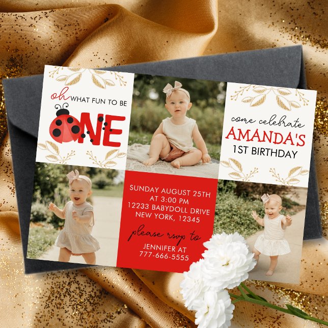 Gold Ladybug 3 Photo Birthday Invitation (Gold Glitter Oh What Fun to Be One Watercolor Ladybug 3 Photo Birthday Invitations)