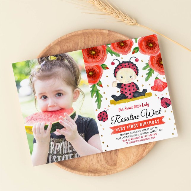 Gold Ladybug Watercolor First Birthday Photo Invitation (Creator Uploaded)