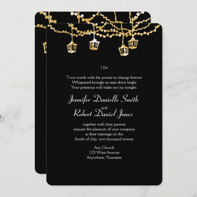 Gold Lantern Lights on Black Wedding Invitation (Front/Back)