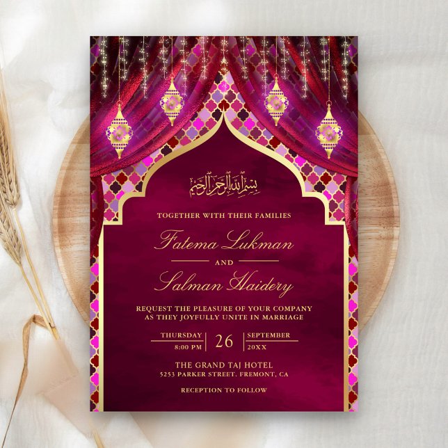 Gold Lanterns Magenta Pink Curtain Muslim Wedding Invitation (Creator Uploaded)