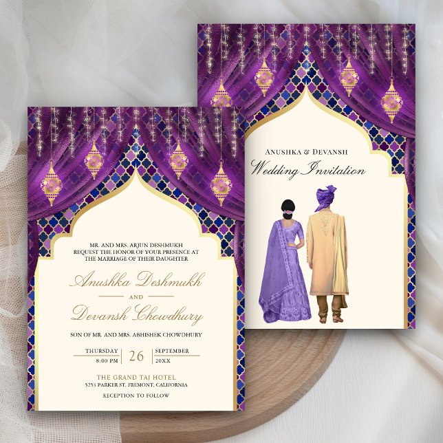 Gold Lanterns Purple Indian Couple Wedding Invitation (Creator Uploaded)