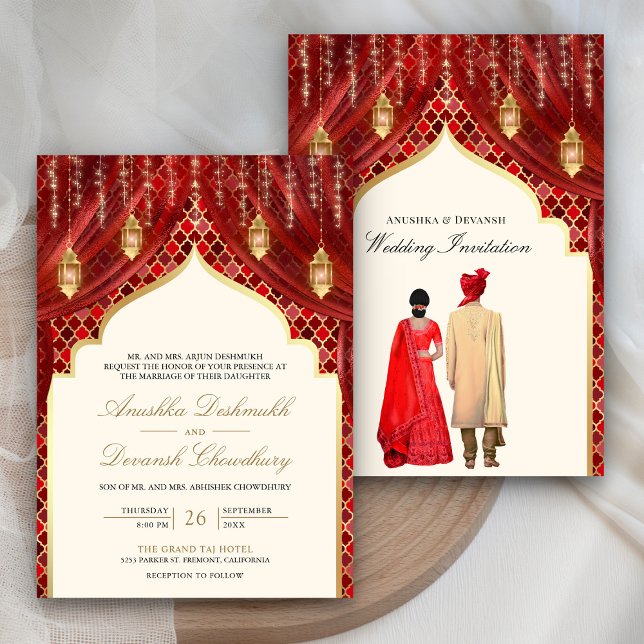 Gold Lanterns Red Indian Couple Wedding Invitation (Creator Uploaded)