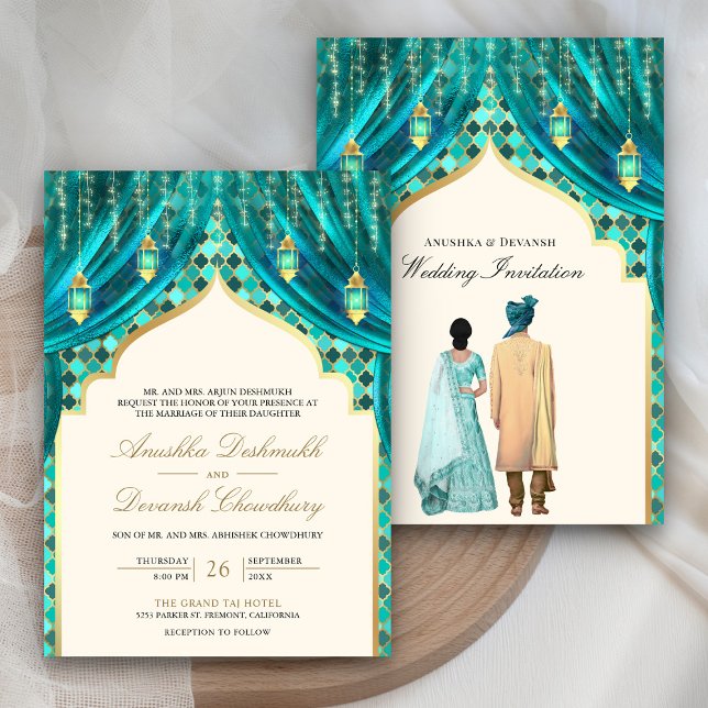Gold Lanterns Teal Indian Couple Wedding Invitation (Creator Uploaded)