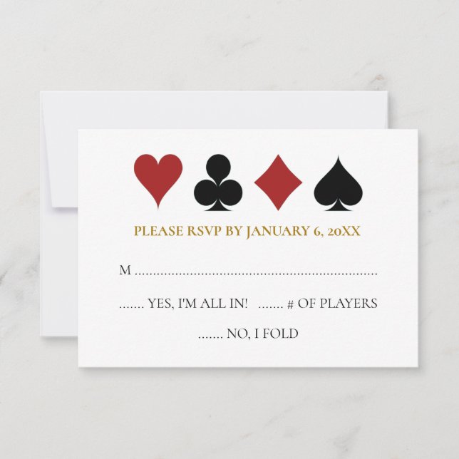 Gold Las Vegas Poker Card Suits Wedding RSVP (Front)