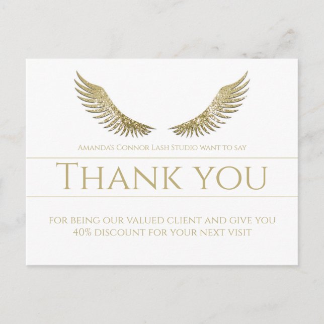 Gold Lash Wings Thank You Simple White Postcard (Front)