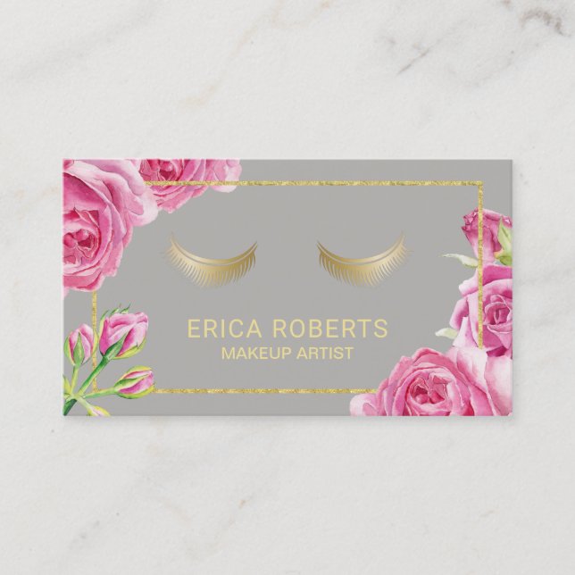 Gold Lashes Makeup Artist Elegant Floral Salon Business Card (Front)