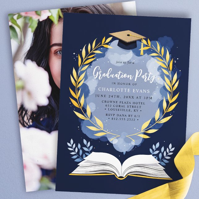 Gold Laurel Navy Blue Graduation Party Photo Invitation (Creator Uploaded)